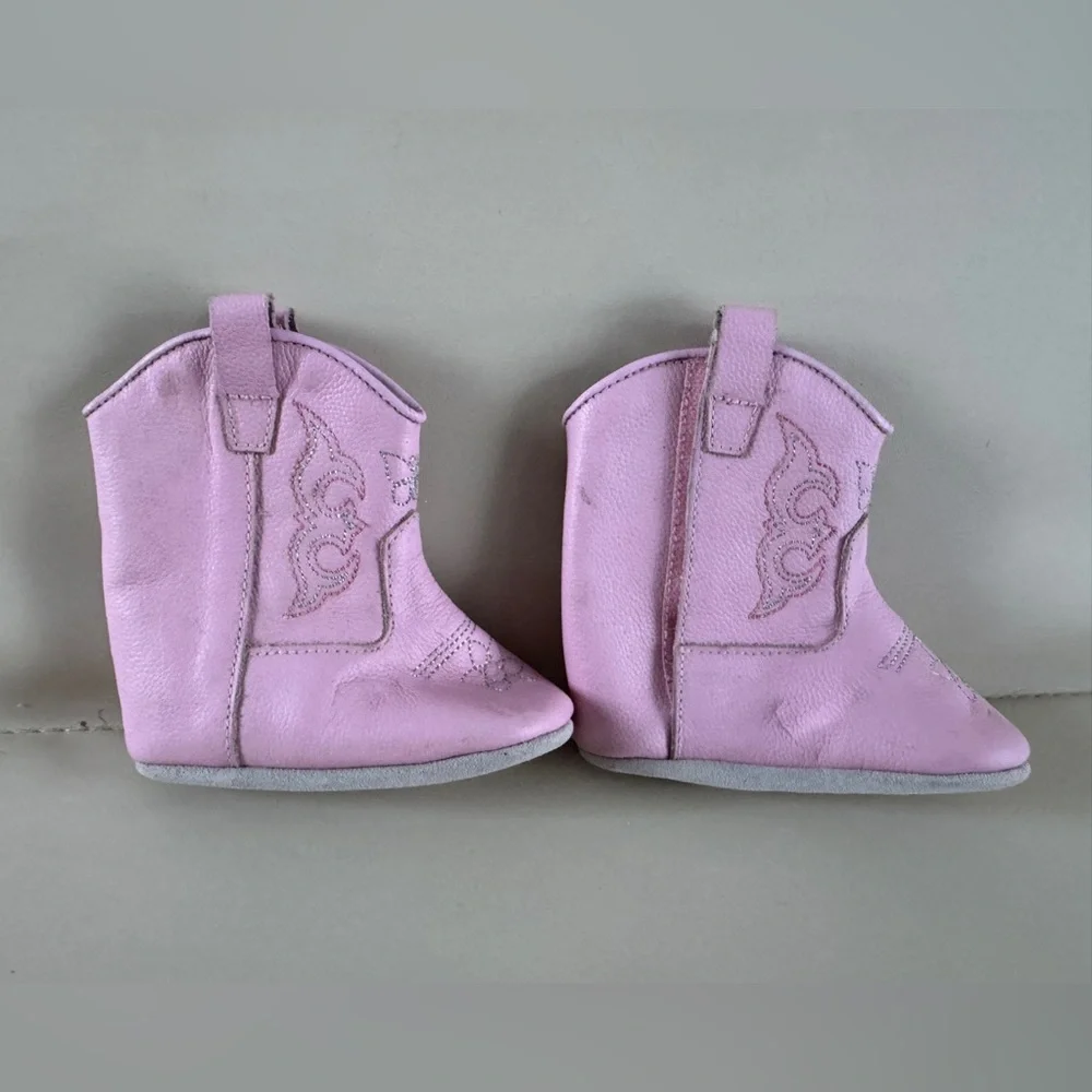 MaM TaKON Pink Leather Soft Sole Baby Boots Floral Embroidery 6-12M